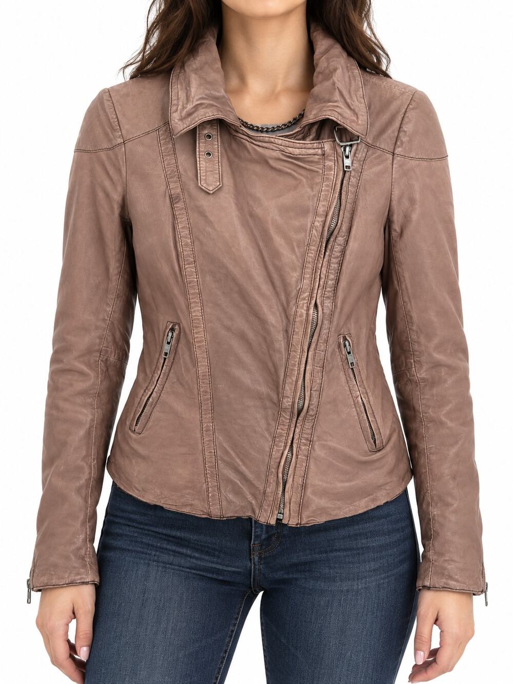 Muubaa Women's Blush Lamb Leather Asymmetrical Moto Jacket Size UK 10 US 6 EU 38